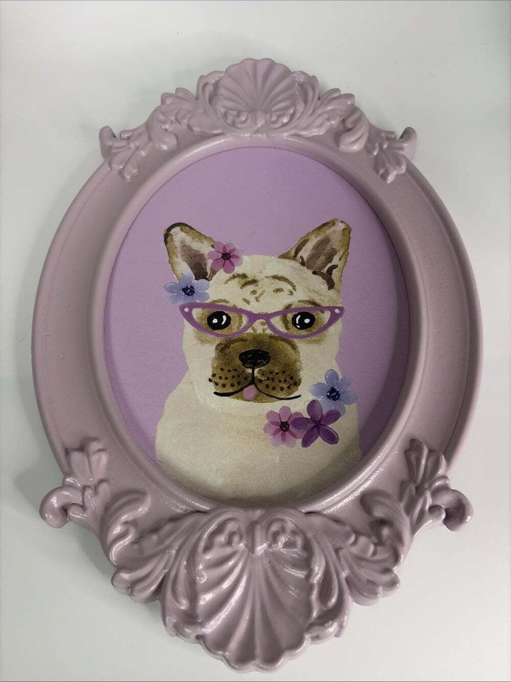 French Bulldog Art Purple Scalloped Edge Frame 12”x8” Girlie